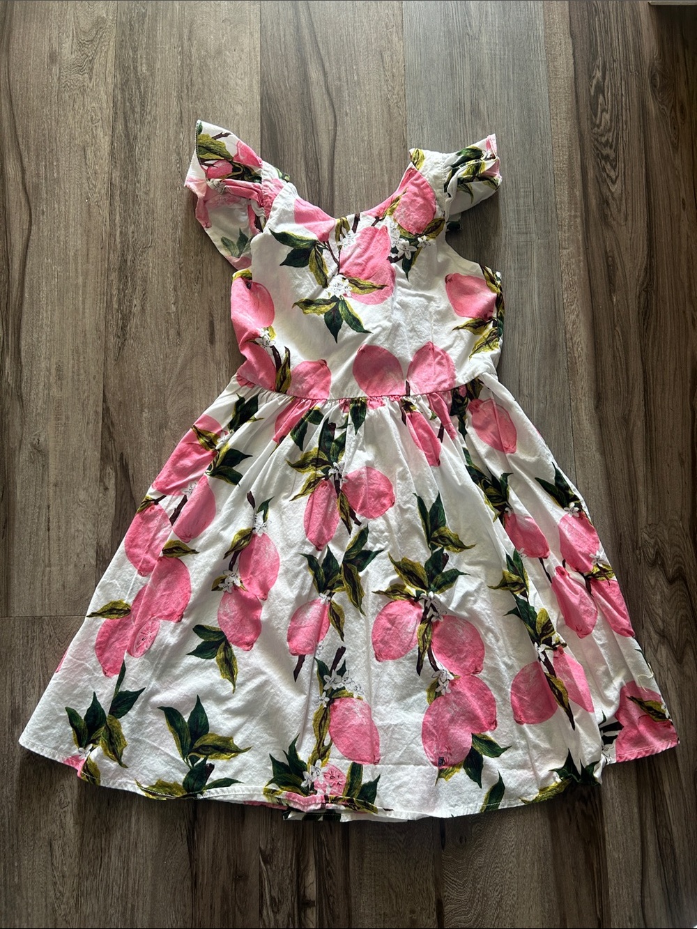 Girls White Dress with Pink Fruit Print and Ruffle Sleeves